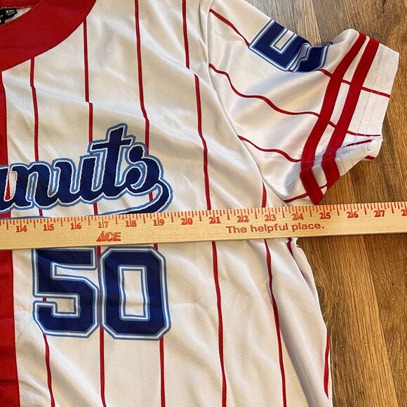 Peanuts Baseball Jersey Shirt Red Pinstripe #50 Button Front Unisex Adult Sz XXL - Picture 2 of 7